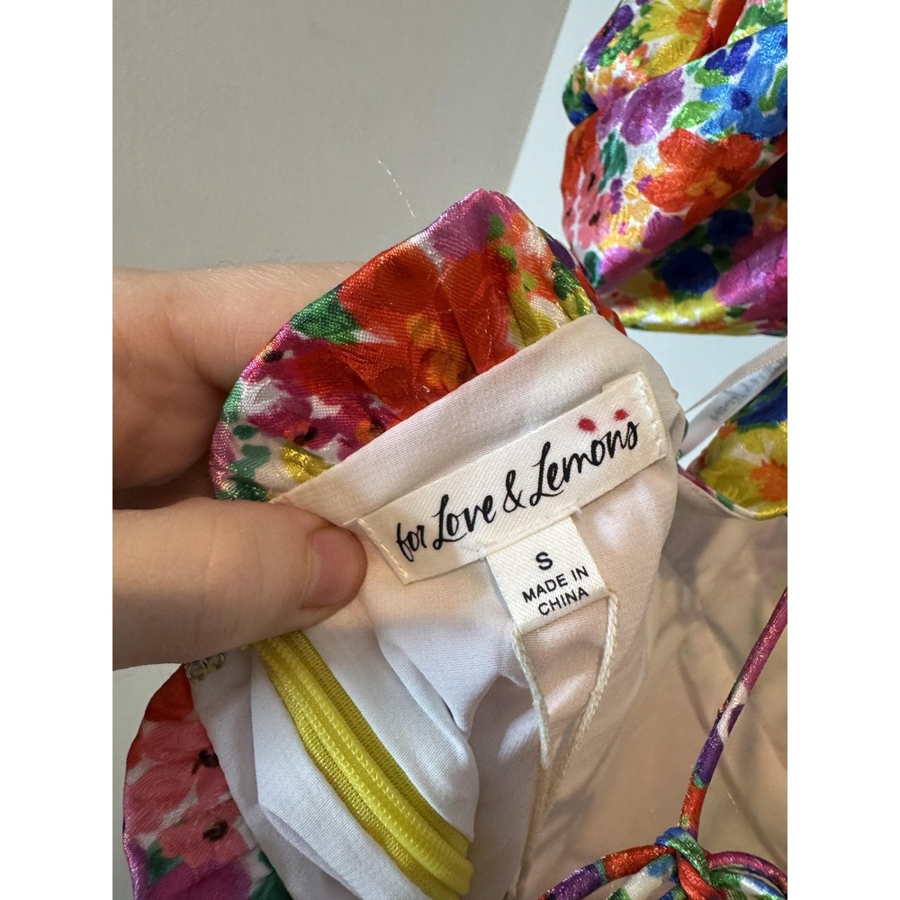 For Love &‎ Lemons Dress Womens Small Floral Puff Sleeve Mini Satin Lace Up Back - Picture 7 of 10